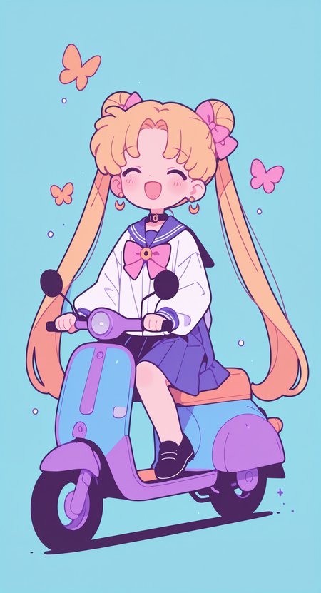 masterpiece, best quality, good quality, newest, highres, absurdres, 
tsukino usagi, 1girl, solo, long hair, blush, smile, open mouth, blonde hair, bow, jewelry, very long hair, twintails, school uniform, full body, closed eyes, :d, hair bow, earrings, shoes, sailor collar, black footwear, hair bun, chibi, double bun, ^ ^, blue background, happy, pink bow, blue sailor collar, facing viewer, butterfly, motor vehicle, riding, aqua background, scooter, on scooter, Flatline, Flat vector illustration <lora:illustriousXL_stabilizer_v1.23:0.3> <lora:NOOB_vp1_detailer_by_volnovik_v1:0.3> <lora:ponyv6_noobE11_2_adamW-000017:0.3> <lora:XXX667:0.7> <lora:checkpoint-e18_s306:2>