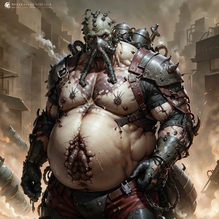 detailed background , <lora:cyberdead:.75> fat  cyberdead, with gas mask , grotesque ,