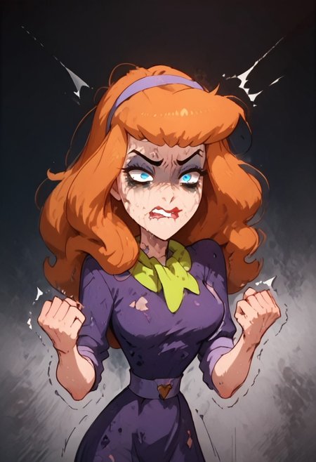 score_9, score_8_up, score_7_up, score_6_up, score_5_up,daphne, daphne blake,1girl, jungle,((((((orgasm)))))), ((((((arousal))))))),((((((horny)))))), ((((((wants sex))))),((((slave)))))),sash,solo, middle breasts, ((((stupor)))), (((catatonic))),dizzy eyes,((((((no face expression ))))), ((((((hit herself by fist)))))),blue eyes, orange long hair, one eye higher than another, twisted mouth, messed hair, messy hair, destroyed face, destroyed body, awful skin face,  long hair, makeup, lipstick, young, skinny, narrow waist, fragile, sexy, perfect body,dynamic pose, posing,  wounds, hit herself,  powerless, extremely tired eyes, ((((((bags under eyes)))))), shiners, stupid, dumb, extremely stupid, extremely dumb, no brain, brain damage, blue eyes, ((((((eye twitching)))))), nervous eye twitching, extremely hard eye twitching, totally burnt hair, sexy, horny, scared, in love, ((((((extremely dirty dress)))))), hardly beaten fifty