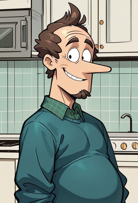 masterpiece, best quality, amazing quality, very aesthetic, absurdres, newest,  high quality, detailed, LynnLoudSr, 1boy, source_cartoon, male, solo male, human, broad shoulders, mature male, long nose, black eyes, cartoon style, brown hair, receding hair, belly, bottom heavy, turquoise sweater, green collared shirt, half body, looking at viewer, smiling, kitchen background