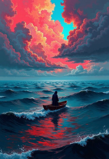 DB4RZ style painting A surreal, corrupted and glitched fantasy landscape featuring a vast, endless ocean with distorted digital waves. In the middle of this surreal expanse floats a small boat, carrying a sole, cloaked figure. The ocean ripples with digital static, glitching between smooth waves and sharp, geometric distortions. Above the water, the sky glitches out into jagged, corrupted clouds that flash between vibrant neon colors and pixelated voids. The grand, ethereal nature of the scene is interrupted by digital noise, corrupted light effects, giving the scene a haunting, otherworldly atmosphere. The landscape warps and distorts, defying the natural order, with jagged bursts of neon color and patches of black void interspersed throughout, creating a dreamlike, glitched-out reality. (corrupted: 2.3) (glitched colors: 2.2)
