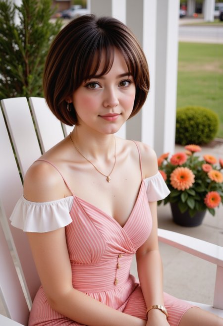 Hyperrealistic, she is smiling, dynamic angles, multiple angles,  she is looking at the camera, photoshoot poses; Gynoidv2,necklace, she has short brown hair, wearing vintage 1950's era verticle striped red and white dress,She is wearing a white off-the-shoulder blouse with ruffled sleeves and,  huge breasts, busty breasts. white sneakers, She is sitting in a white deck chair on a beautiful front porch decorated with flowers,white plank floor ,  creating a focused and dynamic pose.; the scene is set in a beautiful well-lit environment, with a sense of action and adventure.  Style: realistic hyper-detailed rendering, 32k UHD, expressive eyes, punk, graphic design, girl's face, pretty and cute, gleaming lips, telling a tale of adventure. Exuding confidence and serenity. The overall mood of the image is happy and relaxed, detailed skin texture,(blush:0.2),(goosebumps:0.3), subsurface scattering,with a playful and whimsical tone,perfect hand, hand, detailed hand,niji style,retro50s_style,vivid colors