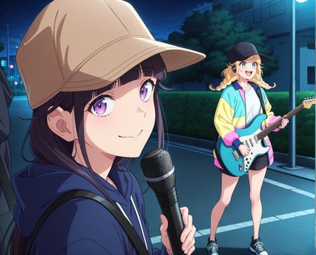 masterpiece,best quality,amazing quality,very aesthetic,absurdres,newest, huge filesize, 
<lora:spo_sdxl_10ep_4k-data_lora_webui:0.5>,anime screenshot, 2d anime,anime coloring, 
<lora:add-detail-xl:1>   paripi koumei, official art, 
2girls,  cooperative singing,holding Guitar,  night,street, 
crowded:1.4. shibuya,listening to music, music,
BREAK
<lora:Paripi_Koumei_V1:1>
Paripi_KoumeiV1,
Paripi_KoumeiV1,
1girl,
solo,smile,
long hair,looking at viewer,
black hair,hood,
hoodie,hat,bangs,purple eyes,
closed mouth,blunt bangs,
portrait,hood down,brown headwear,
p_kuon,
BREAK
Paripi_KoumeiV1,
1girl,hat,
twin braids,baseball cap,
shorts,braid,
blue eyes,blonde hair,
jacket,smile,
black shorts,multicolored jacket,
black headwear,
open mouth,shirt,
long hair,
white shirt,shoes,p_eiko,