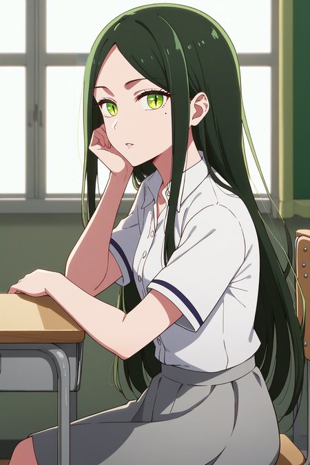 score_9, score_8_up, score_7_up, source_anime, 1girl, prefect lighting, very aesthetic, intricate details, highly detailed background, masterpiece, high quality, prefect hands, best quality, solo,
<lora:Frill_Shiranui_Oshi_no_ko_V1:.85>, KJOfrill, green hair, green eyes, slit pupils, mole under eye, mole under eye, long hair, parted bangs, 
school uniform, short sleeves,  collared shirt, grey skirt, 
from side, sitting, head rest, expressionless, parted lips, looking at viewer, 
cowboy shot, dutch angle, 
classroom, morning, 
(Beautiful, small Breasts:1.2), natural breasts,