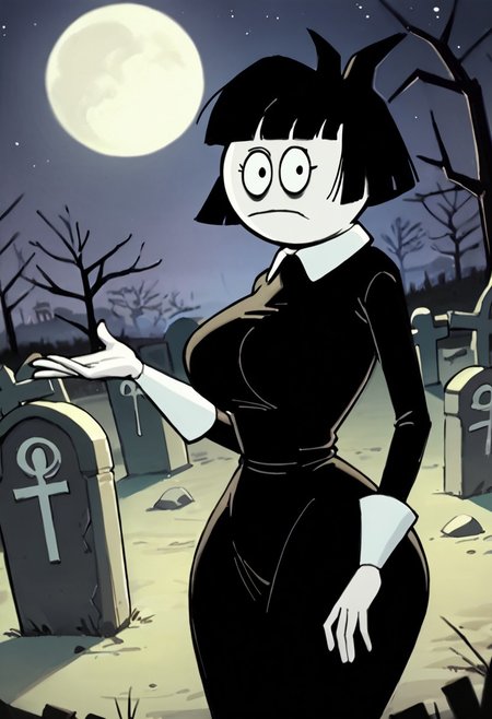 score_9, score_8_up, score_7_up BREAK CrepSus, 1girl, black hair, black bob cut, blunt bangs, black eyes, pale skin, white-collared long black dress, long white cuffs, staring at viewer, curvy, busty, big breasts, tiny waist, big hips, night graveyard, nightly cemetery,