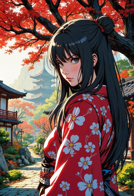 MythR3tr0, anime style, a lone female samurai, Japanese garden,   <lora:FLUX_MythR3tr0Style:0.9>