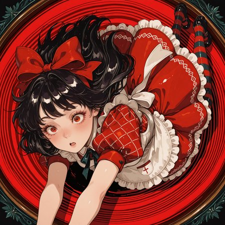 1girl, solo, alice, american_mcgee's_alice, alice_in_wonderland, dynamic angle, from above, motion, cinematic, falling, spead arms, flying hair, black hair, eyelashes, surprise, frilly dress, victorian fashion style, apron, hair bow, striped stockings, mary janes, big spiral in background, graphic background swirl, fisheye lense, ((checker pattern)), (((red black white))) color scheme
Kenorland, kenorland, artist:moriimee, 748cmstyle, Bl3th3bn3_Styl3_SKNSFW,
 <lora:748cmSDXL:0.5> <lora:MoriiMee_Gothic_Niji_Style_Illustrious_r1:0.7> <lora:Bluethebone_Style:1> <lora:kernorland_v2:0.75>