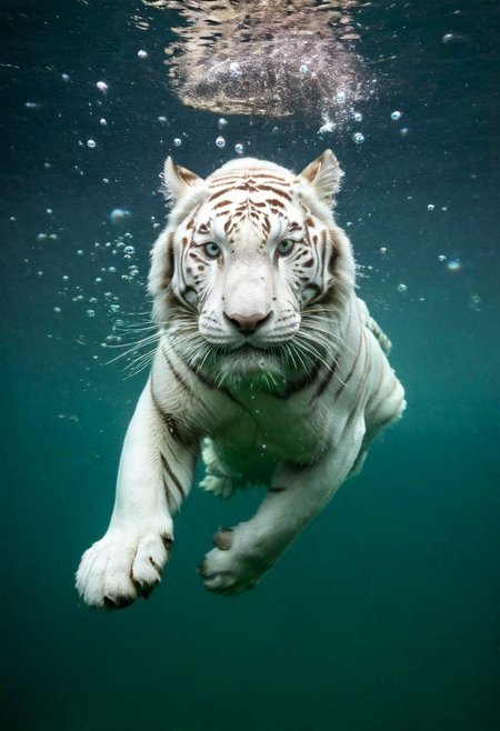 epic wildlife photo of a white tiger diving under water, bubbles, underwater style