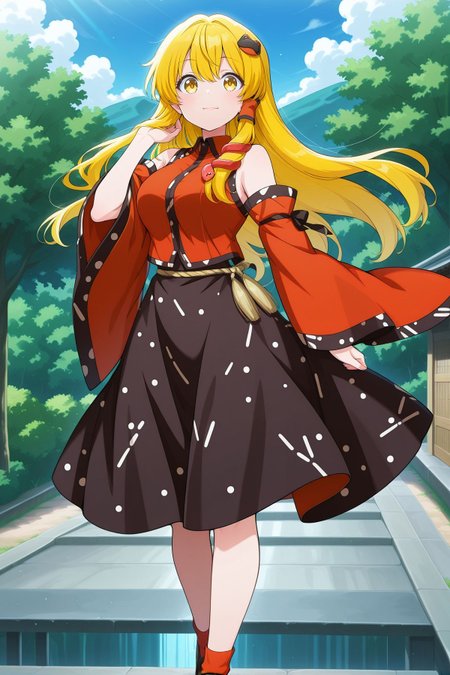absurdres, highres, masterpiece, best quality, amazing quality, official anime artwork, screencap, anime screencap, light smile, looking at viewer, outdoors, plain, 
<lora:Sanae-Kochiya_IllustriousV2:1>  kochiya sanae, 1girl, solo, yellow eyes, blonde hair, long hair,, black frog hair ornament, red snake hair ornament, kochiya sanae \(human-deity duality\), alternate costume, alternate hair color, alternate eye color, red shirt, collared shirt, detached sleeves, wide sleeves, black skirt, red socks, black shoes,