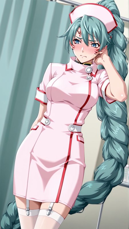 source_anime, general, best quality, masterpiece, 1girl,  <lora:Fu-Lu_Mu-Lu_ill_v1.0:1> fu-lu_mu-lu\(srw\),green hair , blue eyes, facial mark,braid, very long hair, braided ponytail,single braid, nurse,dynamic pose, dutch angle, flustered, embarrassed,