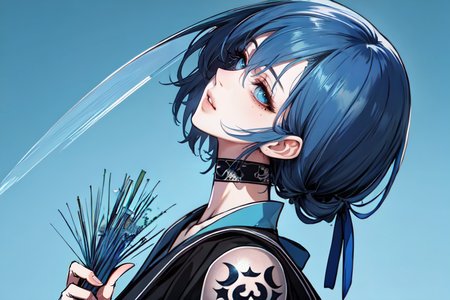 highly insanely detailed, masterpiece, top quality, best quality, highres, 4k, 8k, RAW photo, (very aesthetic, beautiful and aesthetic), ancient japanese punk, 
pure blue background,transparent background, 
<lora:two_side_up-1.0:0>âââ