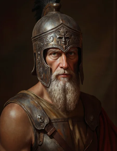 Rembrandt style <lora:DB:1>, This is a highly detailed digital painting of an elderly man with a rugged, weathered appearance. He is adorned in ancient Roman or Greek-style armor, featuring a metallic helmet with intricate, ornate designs and a stylized face on the front. The helmet's surface is polished to a reflective sheen, showcasing the craftsmanship and antiquity of the piece. The man's facial expression is stern and contemplative, with deep-set eyes and a thick, bushy white beard that cascades down to his chest. His skin is tanned and wrinkled, indicating years of exposure to the elements. He wears a brown leather tunic, which is visible around his shoulders, with a strap across his chest that secures the armor. The background is a blurred, gradient mix of dark browns and blacks, emphasizing the subject without distracting from his detailed features. The texture of the armor and the man's skin is rendered with meticulous attention to detail, highlighting the realism and historical accuracy of the artwork. The overall style is realistic with a slight emphasis on hyperrealism, capturing the essence of ancient warriors and their equipment in a contemporary digital medium. . Baroque, chiaroscuro, realistic, emotional, "flat lighting