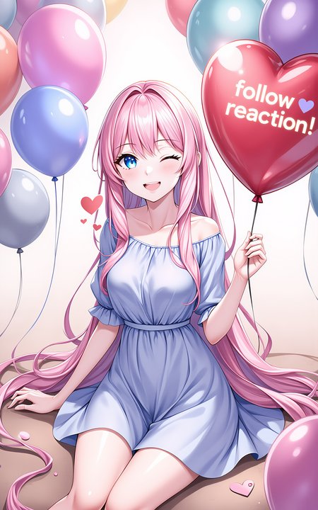 A pink long-haired girl wearing a spring-style long-sleeved blue dress,surrounded by colorful balloons in various shapes and hues,sitting casually,cheerfully extending one hand toward the camera holding a heart-shaped balloon,the balloon has glowing letters âfollow reactionâ written on it,one eye closed in a playful wink,joyful expression,heart-shaped sparkle overlay,dreamy saturated lighting from below,stylized shading,fantasy-inspired color tones.,<lora:hakaseayaka-base-02-flux:0.7>,hakaseayaka,blue eyes,long pink hair,anime-style,