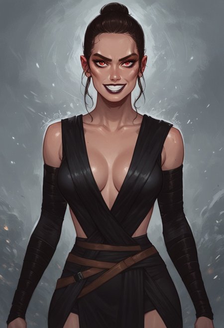 score_9, score_8_up, score_7_up, score_6_up, score_5_up, score_4_up, 1girl, pretty girl, 30 years old, Rey,solo, brown hair, brown eyes, sith rey, dark clothes, dark leather clothes, cleavage, evil smile, medium breasts, ((dark clothes)), red eyes, sleeveless, black clothes,