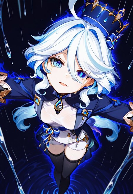 (masterpiece, newest, dynamic angle), anime, 1girl, portrait, petite, standing, Furina_(Genshin_Impact), (water droplet hair ornament), diamond-shaped pupils, (blue coronet), glowing eyes, spread arms, looking at viewer, open mouth, white shirt, blue coat, open coat, white shorts, black thighhighs, bare feet, small breasts, head tilt, expressionless, streaming tears, (light smile), glowing vision (genshin impact), water droplets, glowing water droplets, rain, (blue aura), dark blue background, dark, night