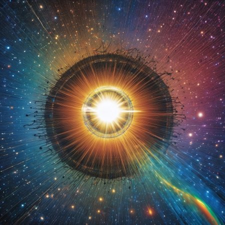 cosmic spacetime abstract concept art with shiny metallic iridescent rainbow particles of light, etched pitted, solar eclipse, planets made of cd's orbiting around over

BREAK

huge vinyl_LP with solar flare over background grooves etched in universal vinyl LP_record Oort-Cloud, in background of infinite tangled unwound tape-casette-spool of spacetime, within black void, high-resolution