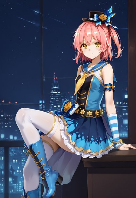 safe_pos, 1girl, solo, solo focus, highres, absurdres, CtK_LiYu, short hair, yellow eyes, pink hair, mini hat, hair ornament, bangs, 

white skirt, blue sailor collar, white thighhighs, blue bow, one side up, sleeveless, belt, blue dress, bare shoulders, yellow neckerchief, gold trim, striped arm warmers, bare arms, 

looking at viewer, sitting, from side, leg up, knee up, boots,

cityscape, neon lights, shade, night, night sky, dark, backlighting,