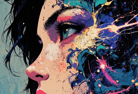 (*highly detailed, digital artwork, close-up, realism, abstract expressionism, vivid colors, dynamic movement*) A close-up of a person's face, focusing on the left eye and part of the nose, while the right side merges into an intricate abstract pattern. The eye is an intense turquoise with intricate details in the iris, pupil, and eyelashes. The nose is realistically textured and shaded, blending seamlessly into the abstract design.  
The abstract pattern consists of deep blue, violet, and silver streaks resembling fluid energy or lightning, with vibrant hues creating a sense of motion. The dark blue and violet tones contrast against the shimmering silver highlights. The background is a cool, desaturated gray, enhancing the prominence of the eye and abstract elements.  
The skin texture is smooth and highly realistic, with fine lines and shadows adding depth. The hair is depicted with delicate, intricate strokes, maintaining a balance between realism and abstraction. The overall composition merges sharp digital precision with expressive, flowing elements, blending realism with abstract energy in a striking, visually compelling image.