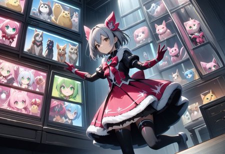 best quality, high resolution, a display stand for a magical girl with details of cute pets
