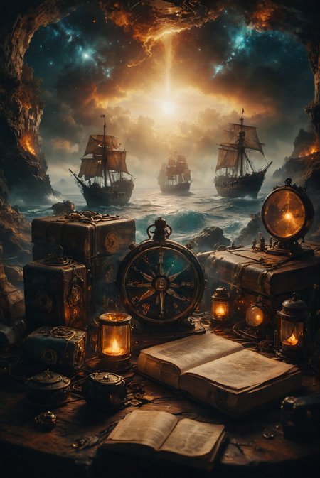 An ancient compass rests beside a nautical chart and sextant, surrounded by a collection of worn, weathered books on a timeworn wooden table in the captain's cabin. The scene is softly illuminated by the glow of beige candles, casting a warm light on the aged yet still functional instruments. Despite their years of use, the tools retain an air of enduring reliability and maritime history,
deep depth of field, photography, Natural geographic photo, Hyper-realistic, 16k resolution, (masterpiece, award winning artwork), many details, extreme detailed, full of details, Wide range of colors, high Dynamic,
<lora:add-detail-xl:2> <lora:MJ52:0.5> <lora:zavy-cntrst-sdxl:1> dark <lora:SDXLFaeTastic2400:0.8> Faetastic  <lora:DoubleExposure:0.5> double exposure, merging into ancient sailing vessel,
