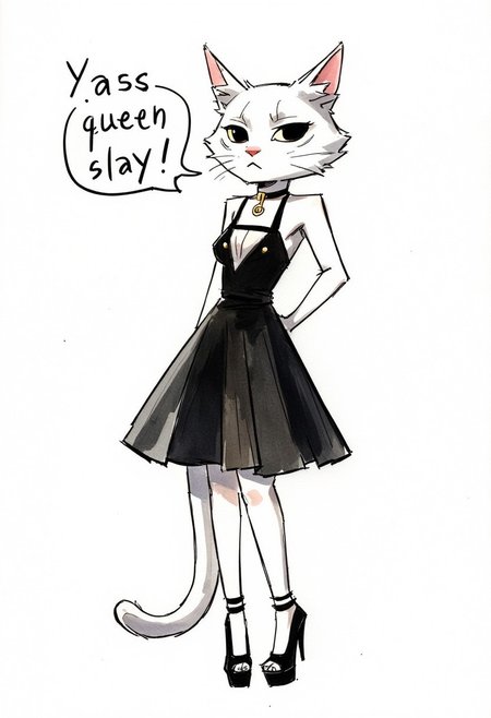 Watercolor painting of a dragqueen white cat in a black dress and high heels. Speech bubble "Yass queen slay!"