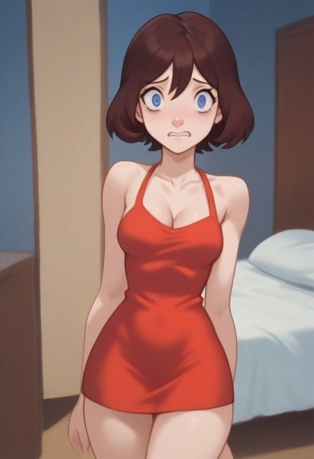 score_9, score_8_up, score_7_up, fca style, 1girl, (((solo))), solo focus, PMGC6, brown hair, short hair, hair between eyes, blue eyes, red dress, short dress, cleavage, bare shoulders,, medium breast,
nervous, scared, legs, full figure, looking at viewer, standing , indoors, hotel room, bed ,
donutnaz style