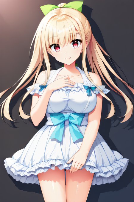 score_9, score_8_up, score_7_up, source_anime, rating_safe, intricate details, official style, 1girl, solo, <lora:Kashima_Riri:1>, riri, blonde hair, long hair, pink eyes, large breasts, ponytail, green bow, white dress, frilled dress, looking at viewer, smile, indoor, cowboy shot, hand on chest