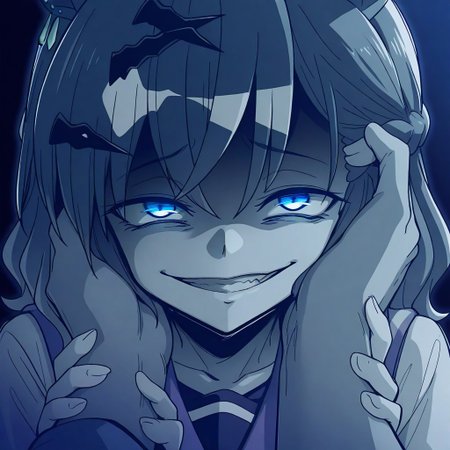 J_Pocket, 1girl, gesugao,evil smile, ebiblue, gesugao,, glowing eyes, colored eyes, shaded face,edgGesugao,sadistic smile,,blue theme, Jungle Pocket , JunglePocket ,horse ears, jungle_pocket_(umamusume), blue color, blue line art, (monochrome,  face focus, greyscale : 0.8) ,anime screenshot, anime screencap, umamusume style(BEGINNING OF A NEW ERA) style, simple background, hand grab another head