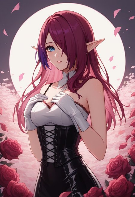 (score_9, score_8_up, score_7_up), 1 woman, milf,  Chasca, red hair, purple hair, multicolored hair, rose in the hair, hair over one eye, blue eye, small elf ears, red evening dress with a neckline, red lace corset (leather/latex) , white leather/latex gloves, mole on shoulder, pink sakura background, Pink petals are falling from the tree, perfect lighting, very aesthetic, intricate details, highly detailed background, masterpiece, high quality, prefect hands, best quality, <lora:chasca-giPO-v1b-000007:0.9>
