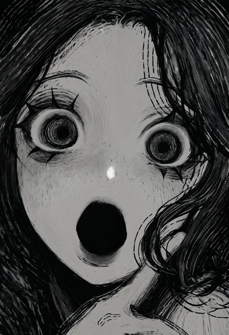 <lora:TnhocXQ=-noobaiXLNAIXL_epsilonPred_V110_V1-CAME>, Tnho, monochrome, greyscale, 1girl, greyscale, looking at viewer, hand up, portrait, freckles, :o, wide-eyed, open mouth, eyelashes, horror \(theme\), long hair, close-up, eye focus