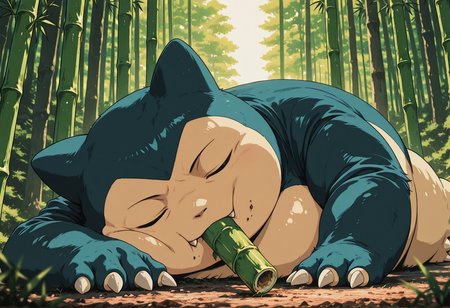 snorlax, (snorlax_(pokemon):1.2), pokemon, solo, no human, closed eyes,
forest, eating bamboo, wholesome, depth of field, forshortening, dramatic lighting, 
lying on side,, detailed eyes, perfect eyes, realistic eyes,, masterpiece, best_quality, amazing_quality, very_aesthetic, 8k, high_quality, highres, absurdres, subject_focus,, <lora:AddMicroDetails_Illustrious:0.5>, anime screencap, anime coloring, pinkretroanime, retro art, in the style of cksc, <lora:ChronoKnight_Neurocore_Shadow_Circuit:0.6><lora:WhiteZ_AnimeScreencap:0.1><lora:Pinkielicious_RetroAnime:0.3>