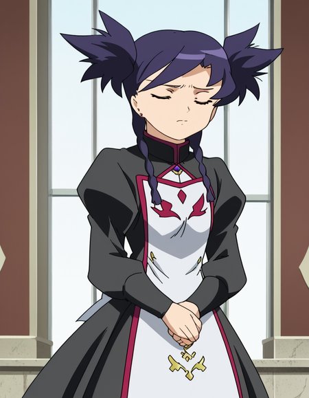 score_9, score_8_up, score_7_up, source_anime, <lora:nina-wang-s1-ponyxl-lora-nochekaiser:1>, nina wang, bangs, twintails, purple hair, braid, twin braids, orange eyes, anime screencap,, long sleeves, dress, jewelry, earrings, puffy sleeves, black dress, juliet sleeves,, apartment, building, rooms, residents, balconies, , <lora:zui-zui-dance-ponyxl-lora-nochekaiser:1>, zui zui dance, dancing, closed eyes,, looking at viewer, solo,, dutch angle, cowboy shot