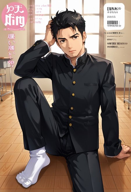 safe_pos, (Aaaild, Aaadjd, manga cover, magazine cover, text) source_anime, safe_pos, perfect anatomy, perfect proportions, best quality, masterpiece, high_resolution, high quality, solo focus, male focus, male only, bara, gay, homo, mature, masculine, manly, virile, macho, hunky, rugged, beefy, handsome, alluring, seductive, heroic, serious, grim, stern, unsociability, bluntness, gruffness, naughty face, moaning, dazed, looking away, focusing gaze, BREAK (asian man, dark eyes, black hair, sideburns, facial hair, thin stubble), BREAK (gakuran, black gakuran, black pants, white socks), BREAK sitting on floor, lying on back, relaxed pose, leaning slightly, one knee bent upward, legs spread, hand supporting head, contemplative expression, horny, kinky, domination, heavy breathing, enticed, excessively sweaty shiny skin, shading, countershading, indoors, classroom, wooden floor