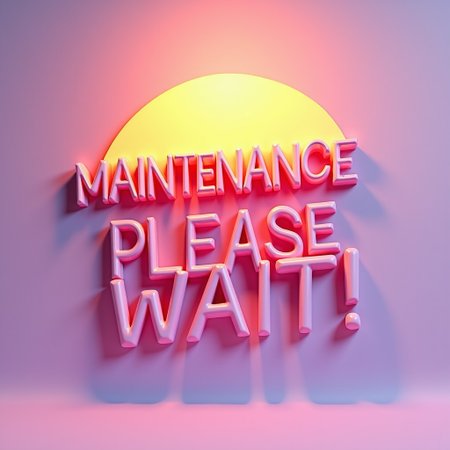 the phrase "MAINTENANCE - PLEASE WAIT! :)" as gicon 3D rendering, gradient fill, pink, yellow, purple, moonlight, shadow, soft light, diffuse light.
