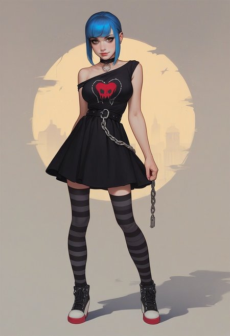 score_9, score_8_up, score_7_up, 1girl, 18yo, girl, emo, summer dress, dynamic pose, sweatshirt, mid thigh dress, choker ribbon, checkered and striped clothes, stockings, waist silver chain, black and (pink:0.75) makeup, eyeliner, gumshoes, look at viewer. outdoor, urban background, cowboy shot, shadows, sunny day, busy city. long side bangs, pale skin, (hazel:0.6) eyes, two tone grey and blue hair, hairstyle wolf cut, skinny, thin hands, petite body, upturned nose, sharp nose, shy smile, narrow shoulders, narrow wais, medium breasts, round butt outline, breasts outline,wide hips, pear body shape, detailed face, cute face, pretty eyes, perfect eyes, detailed eyes, semi-realistic, photorealistic face, urban background