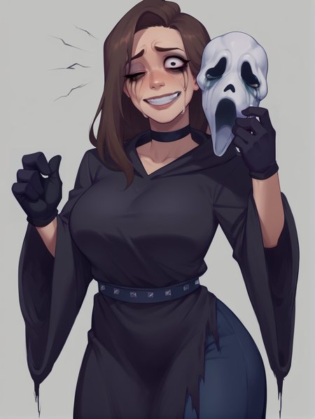 score_9, score_8_up, score_7_up, rating_safe, zPDXL2, zPDXLxxx, zPDXL3, source_anime, 
<lora:Ghostface:1>, 1girl, solo, long hair, breasts, looking at viewer, smile, simple background, large breasts, brown hair, long sleeves, gloves, holding, black gloves, choker, belt, hood, wide sleeves, tears, grey background, grin, black eyes, torn clothes, black choker, makeup, mask, hood down, crying, eyeshadow, crying with eyes open, one eye covered, robe, skull, bags under eyes, eyeliner, crazy eyes, unworn mask, holding mask, black robe, blood from eyes, holding skull, runny makeup