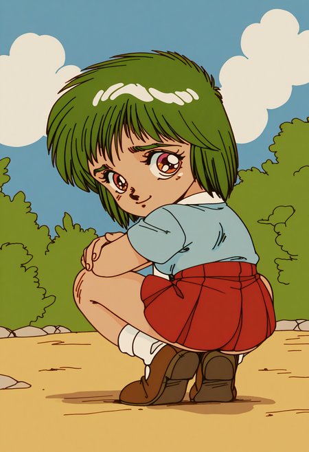 best hands,  <lora:DOTA-kumiko_IL1.2:0.9>looking at viewer, closed mouth, smile, full body, small breasts, squatting, from behind, looking back, ass focus, 
DOTA-kumiko, official art, retro artstyle, 1990s (style), (1girl:1.5, solo focus:1.5), green short hair, orange eyes, necktie,  short sleeves, red pleated skirt, socks, shoes,   
BREAK outdoors, park,  day, sky, cloud, shadow,