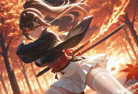 masterpiece, best quality, amazing quality, vslinxbleachtybw style, absurdres, perfect face, detailed face, eye_focus, 4ur4_illu,shiny,
(Girl:0.0), 1girl, cute, attractive, brown hair, long hair, ponytail, bangs, hairclip, grey eyes, ultra-detailed anime eyes, eye trail, large breasts, kimono, dark kimono, Wide sleeves, sash, obi,  white skirt, white knee high stocking, sandals, katana, sheathed,
(Pose:0.0), ((looking at viewer)), fighting stance, windy, dynamic pose, dynamic composition, katana,
(Emotion:0.0) serious, eyes open, closed mouth, furrowed brow, 
(Scene:0.0), cowboy shot, from front, dutch angle, outdoors, windy, maple tree, maple leaves, scenery, detailed background, depth of field, flame_theme, dark_theme, detailed backgroud, aesthetic,