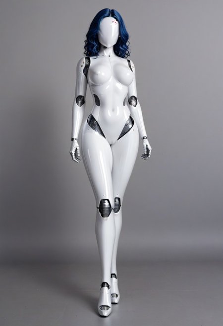 solo, A 35mm full length photo of  a beautiful 20 year old woman, she is a humanoid robot , robotic body, freckles, smooth featureless grey robotic skin, robotic aerials, metallic dark blue hair, elegant white latex bodysuit with dark grey trim, standing in a living room
TheFaceLess, mannequin, faceless, egghead