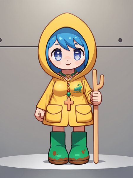 score_9, score_8_up, score_7_up, score_6_up, score_5_up, 
Luce, symbol-shaped_pupils, (solo), umbrella,  raincoat, 1girl, solo, large_breasts, rubber_boots, yellow_raincoat, blue_hair, blue_eyes, boots, hood, full_body, smile, short_hair, holding, hood_up, standing, long_sleeves, bangs, yellow_footwear, necklace, jewelry
 <lora:Luce_Vatican:1> <lora:The_Hero_Is_Dead:.5>