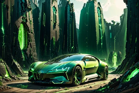 Necron, electricity, green glow, green theme, luxury car, futuristic ruins, detailed background, sunlit tones, soft glow, dynamic angle, wide shot, <lora:Necron_World_XL-000009:1>