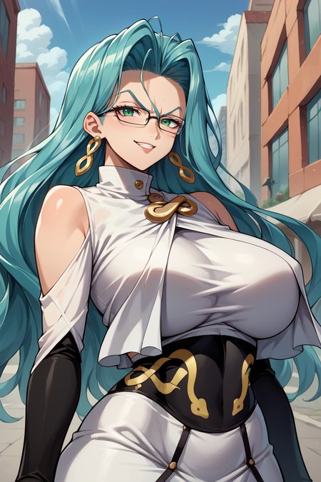 score_9, score_8_up, score_7_up, score_6_up, source_anime, BREAK 1girl, mature female,  <lora:psykos-pdxl-nvwls-v1-000005:1> psykos, cyan hair, wavy hair, glasses, earrings, white dress, brooch, underbust, long dress, bridal gauntlets, (huge breasts:0.7), upper body, city, blue sky, hair blowing in the wind, looking at you, smirk, very long hair