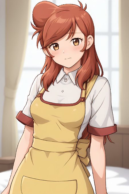 (yellow apron:1.50), cra-melissa, red hair, brown eyes, long hair, big hair, swept bang, 
medium breasts, 1girl, solo, skinny, (source_anime, score_9, score_8_up, score_8, score_7_up), score_7, score_6_up, score_6, score_5_up, score_5, 
(blush:1.10),
(bedroom:0.80),
(straight-on:1.60), (:1.10),
<lora:cra-melissa-V02-000002:0.80>