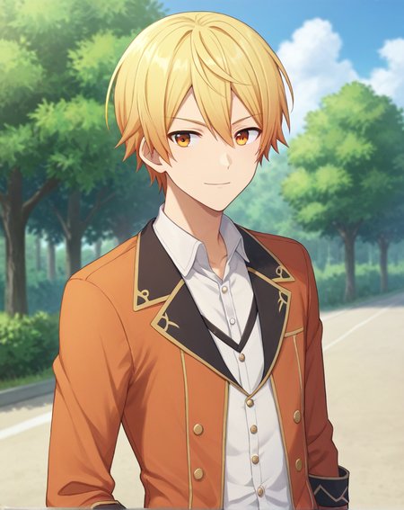score_9, score_8_up, original style, depth of field, BREAK, rating_safe, 1boy, solo, male focus, cowboy shot, <lora:tenma_tsukasa_pony:1> tenma_tsukasa_pony, blonde hair, orange eyes, short hair, hair between eyes, bangs, skinny, outdoors, day, <lora:sdxl_lightning_8step_lora:1>  <lora:xl_more_art-full_v1:0.5>
