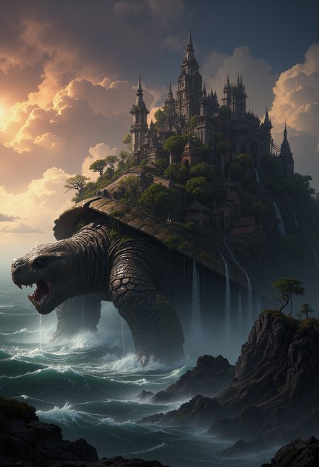 Hyper-realistic scene of a giant ancient tortoise with a city built on its back. The tortoise's shell is covered in lush, dense forest with towering trees, waterfalls cascading down its sides, and a hidden, misty village nestled in the foliage. The city consists of intricately designed buildings that blend seamlessly with the natural environment, featuring rope bridges connecting different sections of the city. The tortoise moves slowly through an endless ocean, with waves gently crashing against its sides. Above, the sky is a mix of warm sunset hues and stars beginning to peek through the twilight. The atmosphere is magical and serene, evoking a sense of wonder and timelessness. The image captures the harmony between nature and civilization, with soft, ambient lighting enhancing the mystical ambiance. The perspective is wide, emphasizing the grandeur of the tortoise and the tiny yet intricate details of the city.     <lora:dark_fantasy_flux:0.83> <lora:FredFraiStyle-FLUX-Share:0.63> <lora:sxz-Dark-Fantasy-v2-Flux:0.33> drkfnts style,