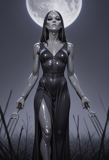 ((source_realistic:1.6)), hyper detailed, (dynamic pose:1.4), depth of field, 
alien,gray skin,large eyes,black eyes
surreal sci-fi reinterpretation of American Gothic, where the traditional farmer and lady are replaced with two tall, slender gray aliens with large, glossy black eyes and elongated, expressionless faces. They stand in front of a eerily familiar farmhouse with wooden panels 
The farmer alien grips a pitchfork, while the lady-alien wears an old-fashioned dress infused. Their skin has a soft, silver sheen, reflecting the cold, ambient light from a mysterious full moon that appears far too large in the sky.
The background showcases an eerie yet mesmerizing blend of Earth and an alien world—strange purple crops grow in neat rows, and the sky is an ethereal mix of swirling nebulae and distant planets. 
The lighting is moody and cinematic, with a mix of soft ambient glow from the celestial sky and the harsh. The composition retains the rigid, iconic posture of American Gothic, but the unsettling