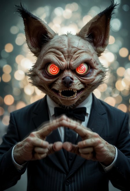 (an anthropomorphic male very creepy, very angry:1.5) fur fury korrigan yellow monster, big eyes, (cute tiny monster, creepy ears:1.4), huge long fur large tail, (dirty fur:1.2), (magics. Magical neon spiral power:1.5), (upper body: 1.2),  (novuschroma60 style bokeh:1.2), fit. Eyeliner, Gothic, creepy body, monster (creepy:1.4), (realistic, very real, in real life, in real world:1.5), (action pose, action scene, action movie, motion blur, bokeh effect:1.3)