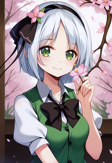 score_9, best quality, masterpiece, uncensored, source_anime
BREAK
1girl, solo, breasts, looking at viewer, blush, smile, short hair, bangs, shirt, bow, ribbon, holding, medium breasts, closed mouth, green eyes, hair ribbon, white shirt, upper body, flower, white hair, short sleeves, hairband, puffy sleeves, collared shirt, hand up, bowtie, vest, puffy short sleeves, petals, black ribbon, black bow, black hairband, cherry blossoms, pink flower, black bowtie, branch, hitodama, green vest, konpaku youmu, konpaku youmu (ghost)
<lora:ke-ta_pony_v5:1>