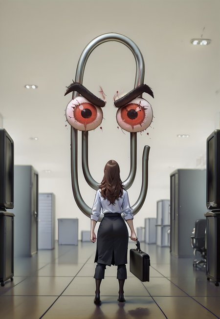 safe_pos, Masterpiece (quality), 1girl, wearing office clothes, brunette hair, holding a briefcase, cl1ppy, pokemon (creature), angry, bosstyle. Office background