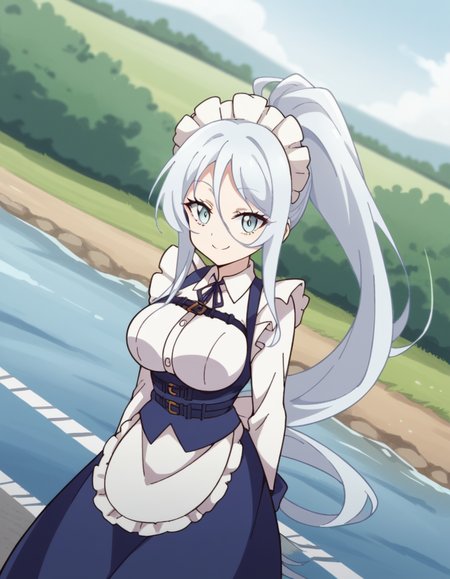 score_9, score_8_up, score_7_up, source_anime, <lora:sylpha-langlis-s1-ponyxl-lora-nochekaiser:1>, sylpha langlis, long hair, blue eyes, hair between eyes, ponytail, white hair,, large breasts, apron, maid, maid headdress, maid apron, frills, long sleeves,, bridge, connection, water, road, cars, smile, leaning forward,, looking at viewer, solo,, dutch angle, cowboy shot